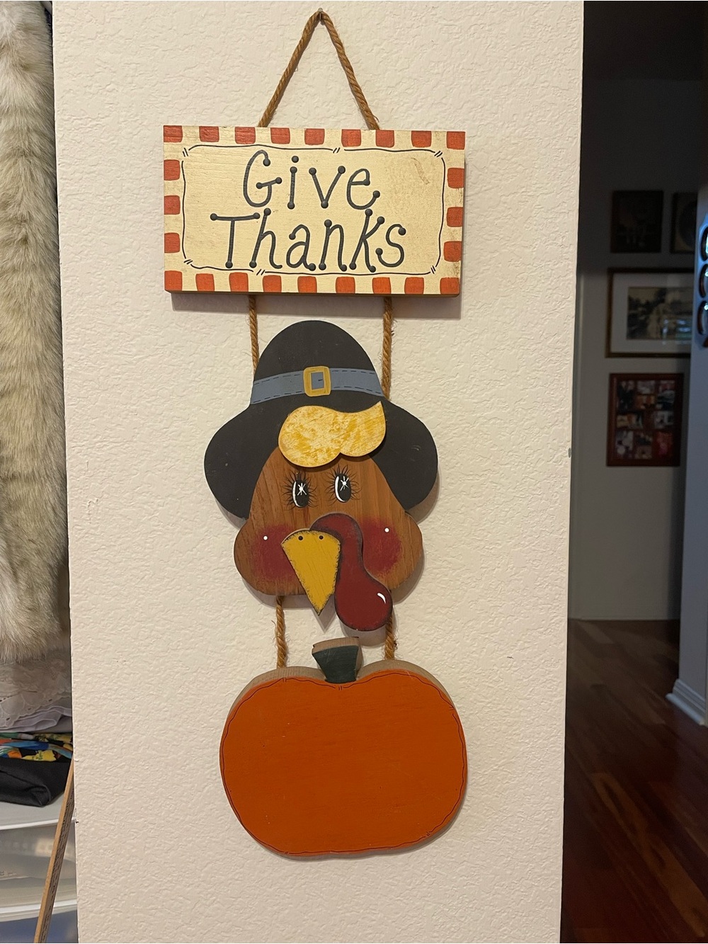Pre Owned Give Thanks Wooden Turkey & Pumpkin Wall Hanging